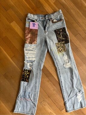 BDG Light Blue Patchwork Straight Leg Jeans